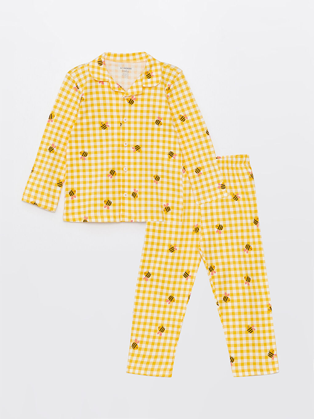 طقم بيجامة بناتي بياقة بولو وكم طويل مطبوع