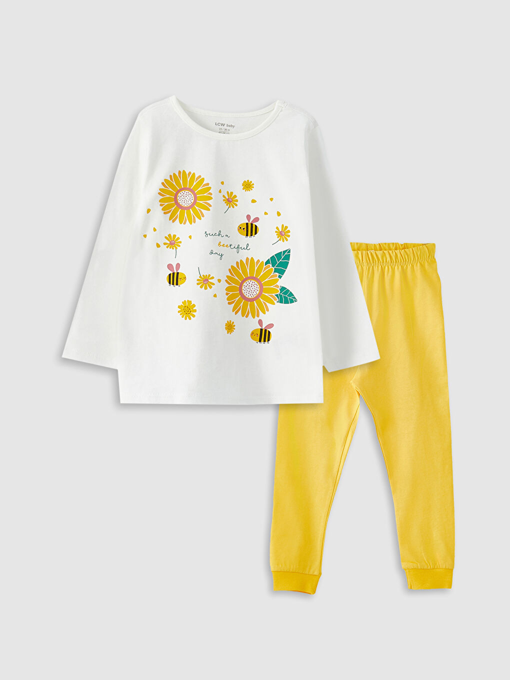 طقم بيجامة مطبوع كم طويل ياقة دائرية للبنات الرضع