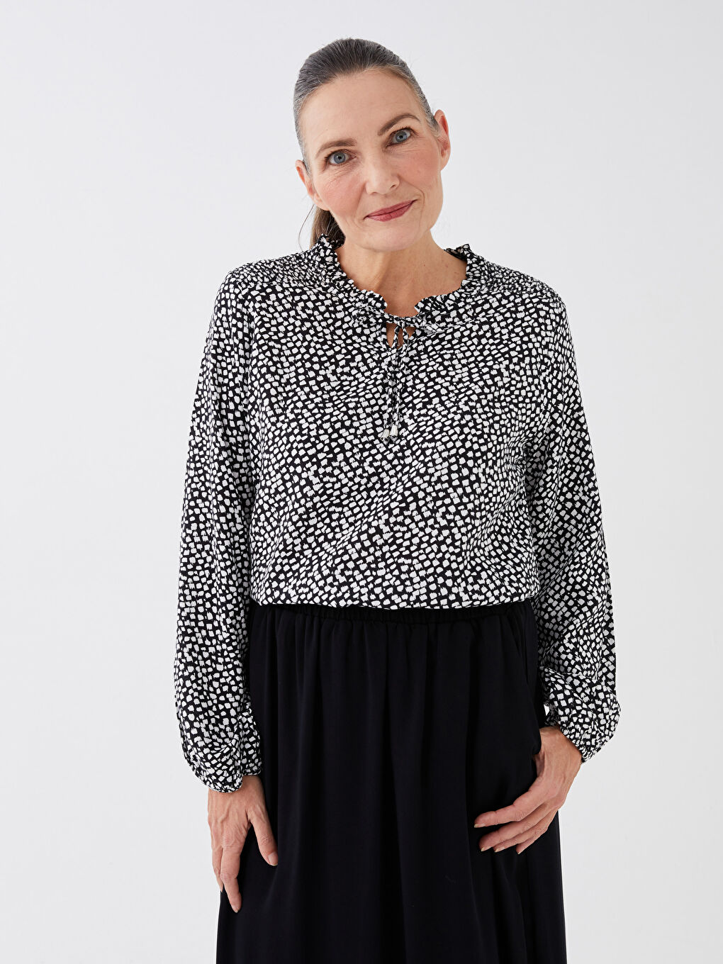 Tie Neck Patterned Long Sleeve Women's Blouse-1