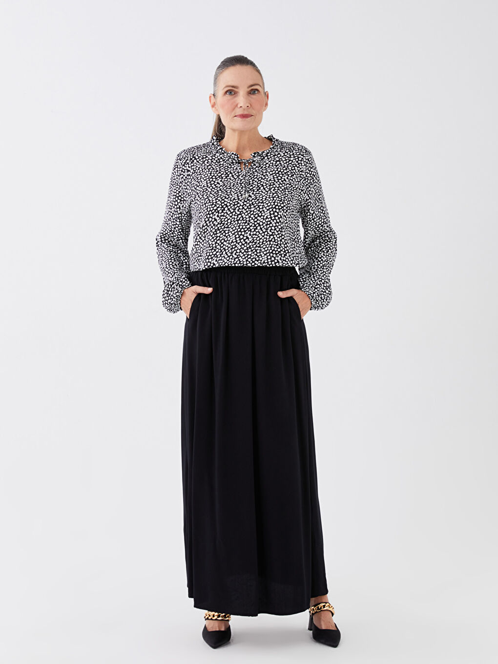 Tie Neck Patterned Long Sleeve Women's Blouse-2