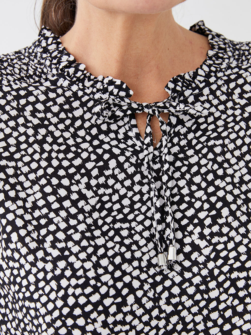 Tie Neck Patterned Long Sleeve Women's Blouse-3