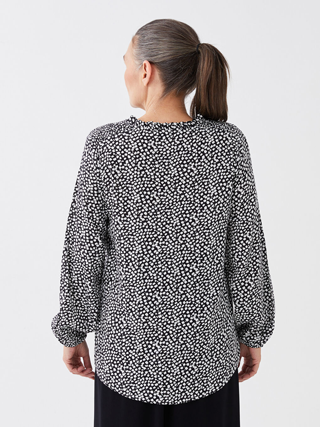 Tie Neck Patterned Long Sleeve Women's Blouse-4