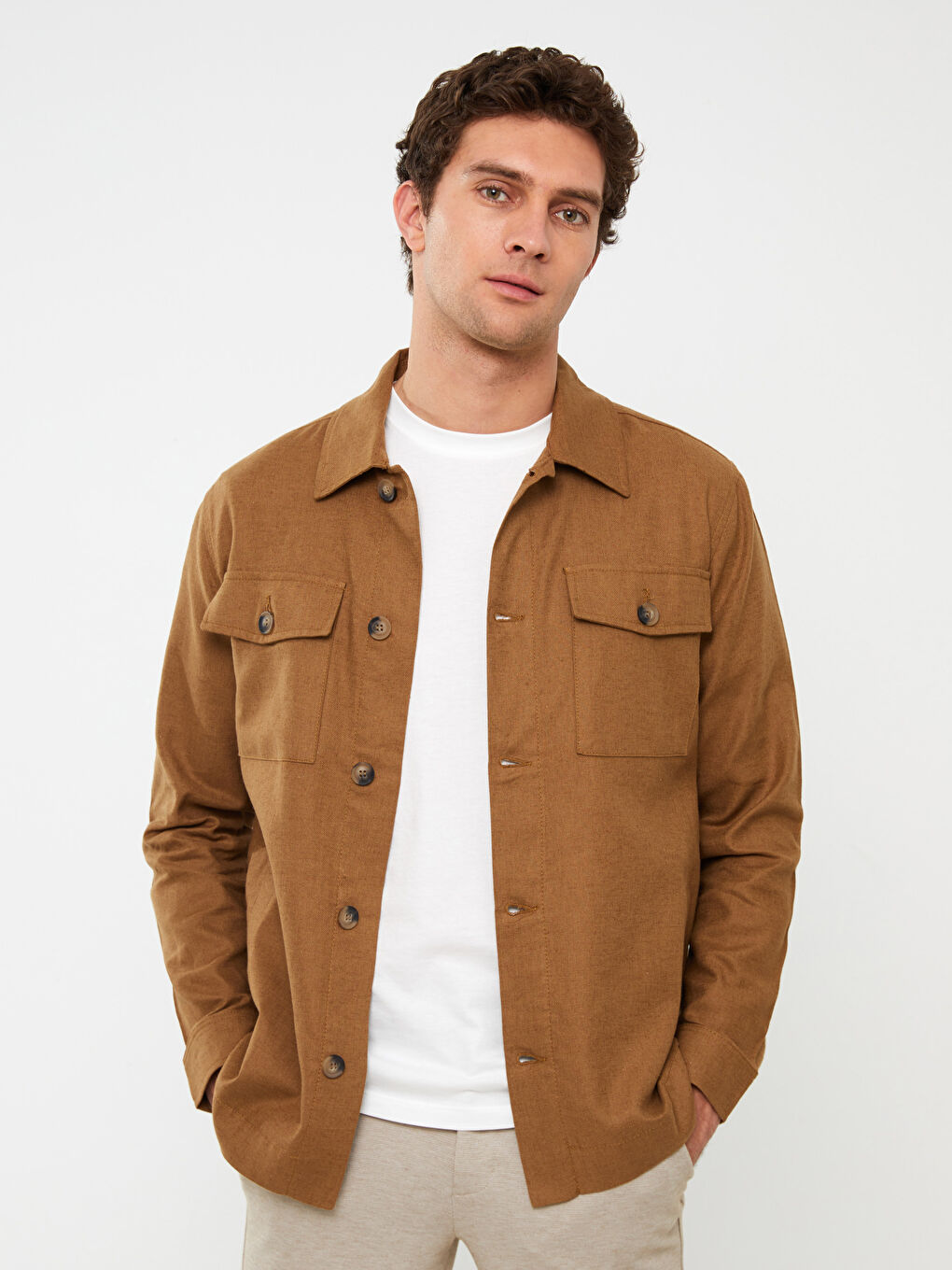Kahverengi Regular Fit Uzun Kollu Erkek Gömlek Ceket