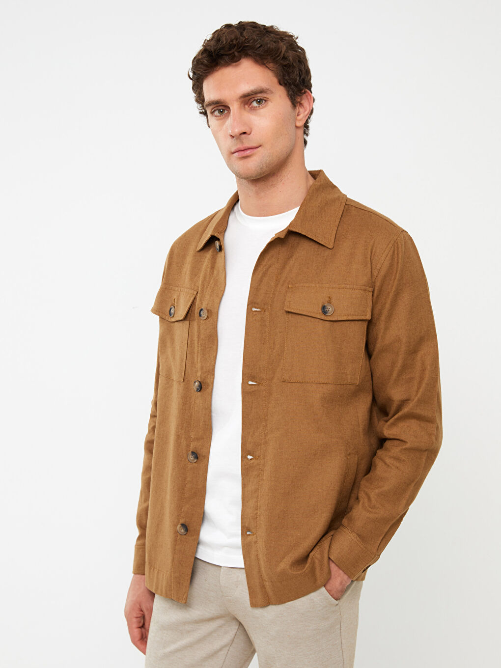 Kahverengi Regular Fit Uzun Kollu Erkek Gömlek Ceket-1