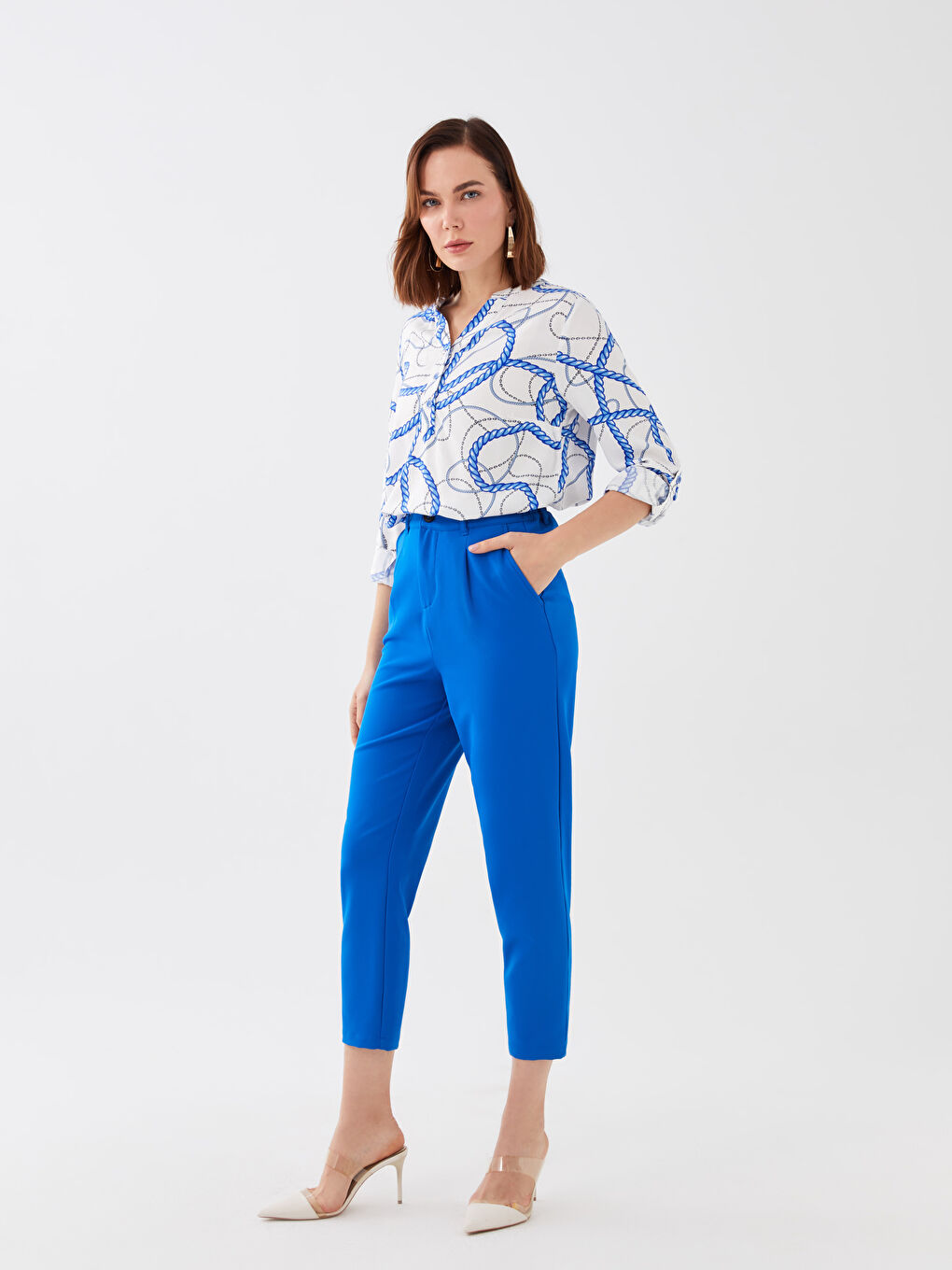 Mavi Kaçık Yaka Desenli Uzun Kollu Kadın Bluz-2