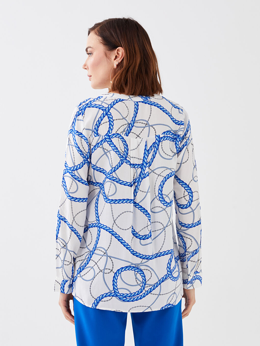 Mavi Kaçık Yaka Desenli Uzun Kollu Kadın Bluz-4