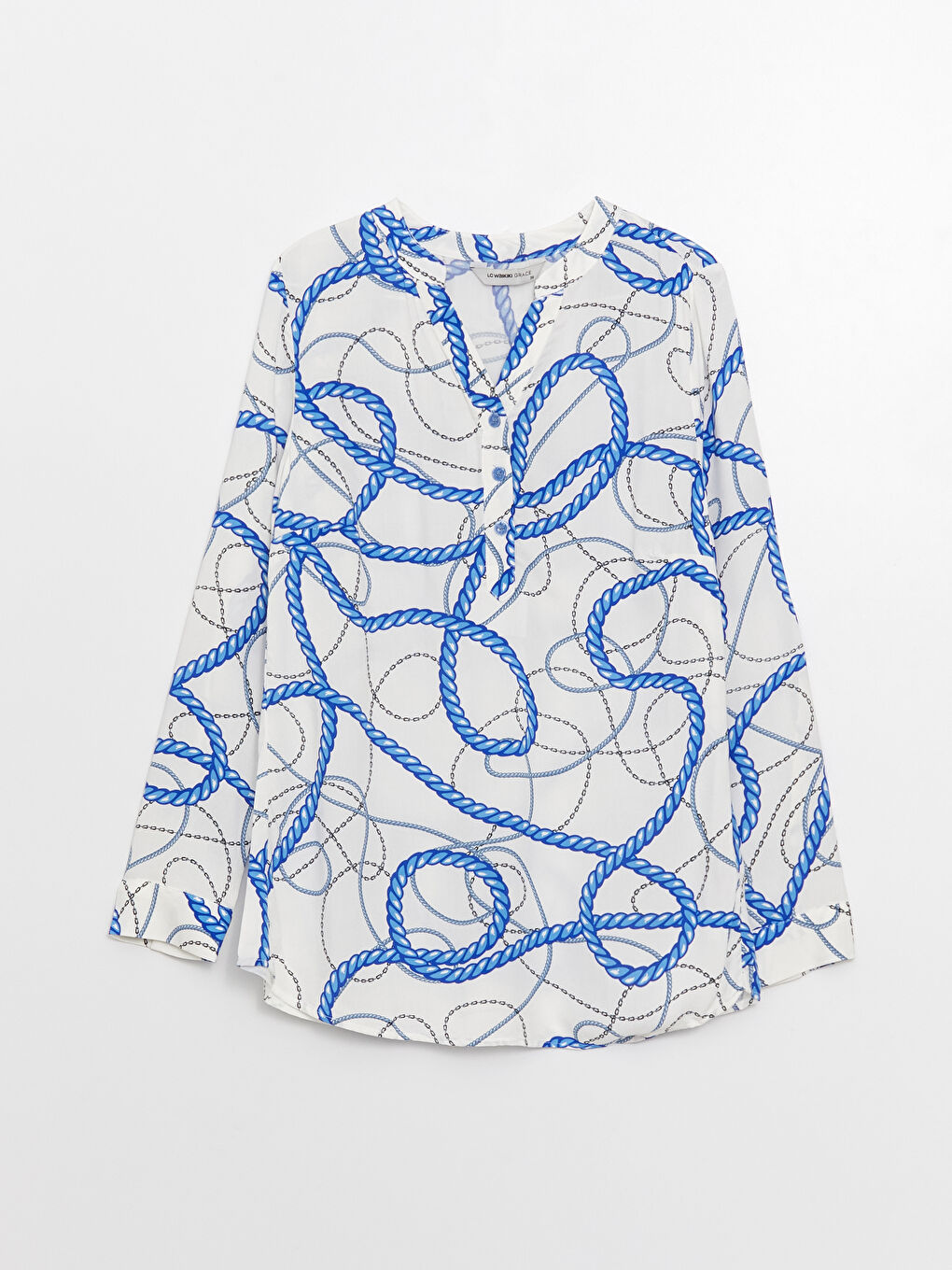 Mavi Kaçık Yaka Desenli Uzun Kollu Kadın Bluz-5