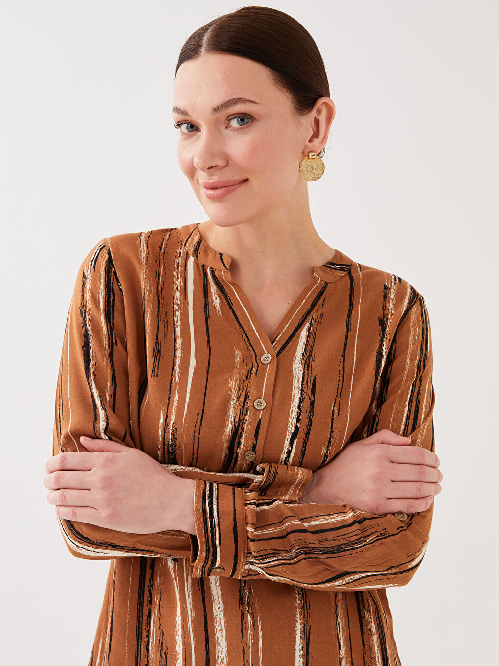 Notch Neck Patterned Long Sleeve Women's Blouse