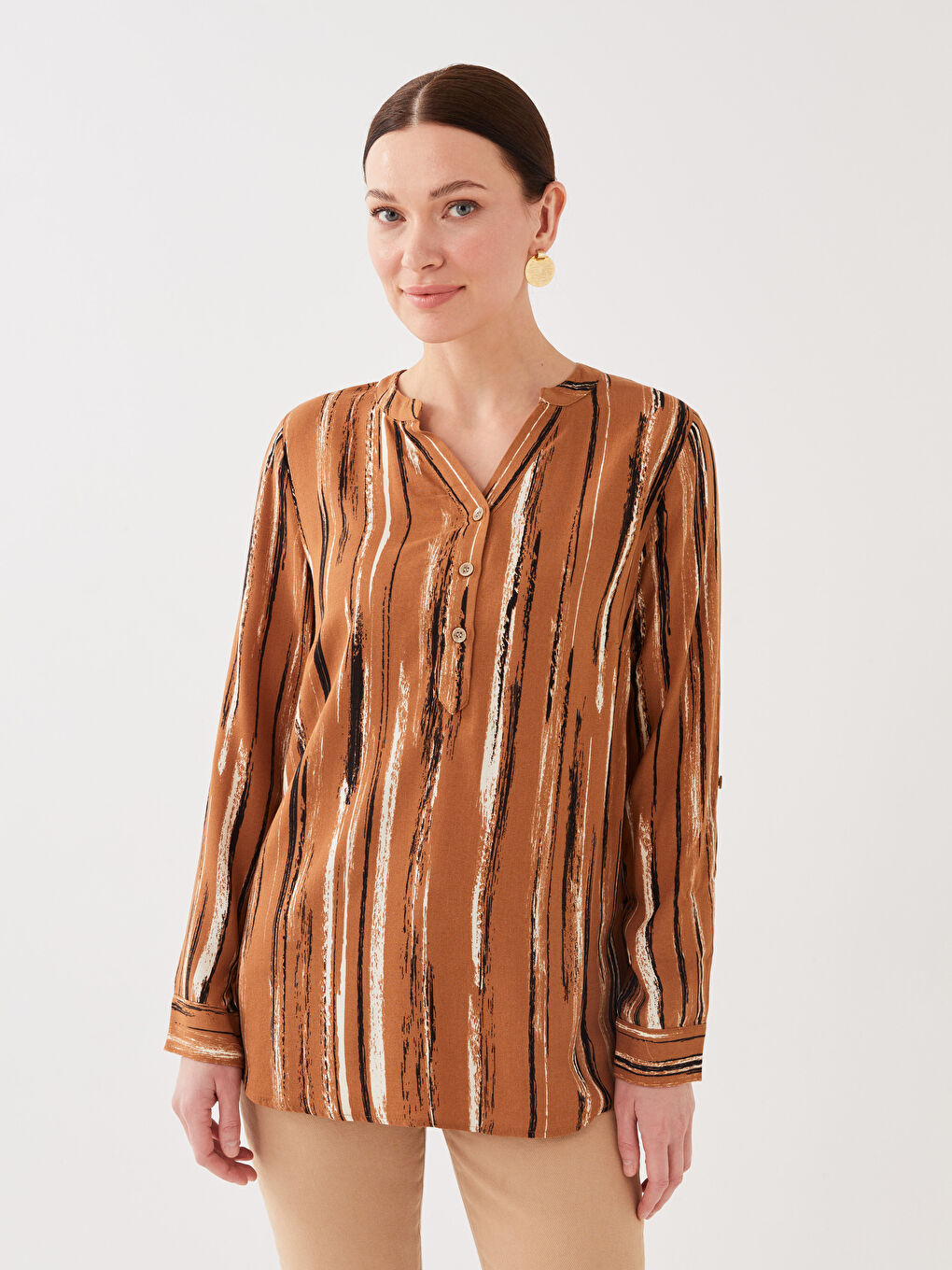 Notch Neck Patterned Long Sleeve Women's Blouse-1