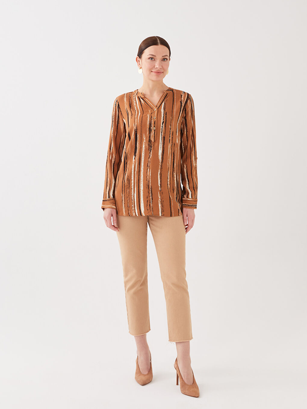 Notch Neck Patterned Long Sleeve Women's Blouse-2