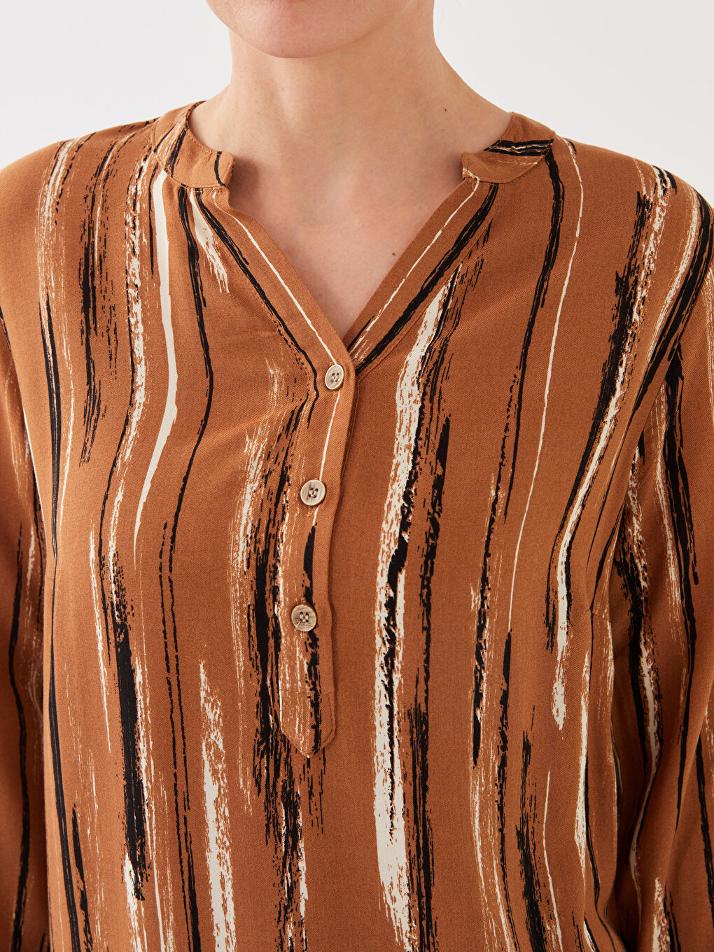 Notch Neck Patterned Long Sleeve Women's Blouse-3