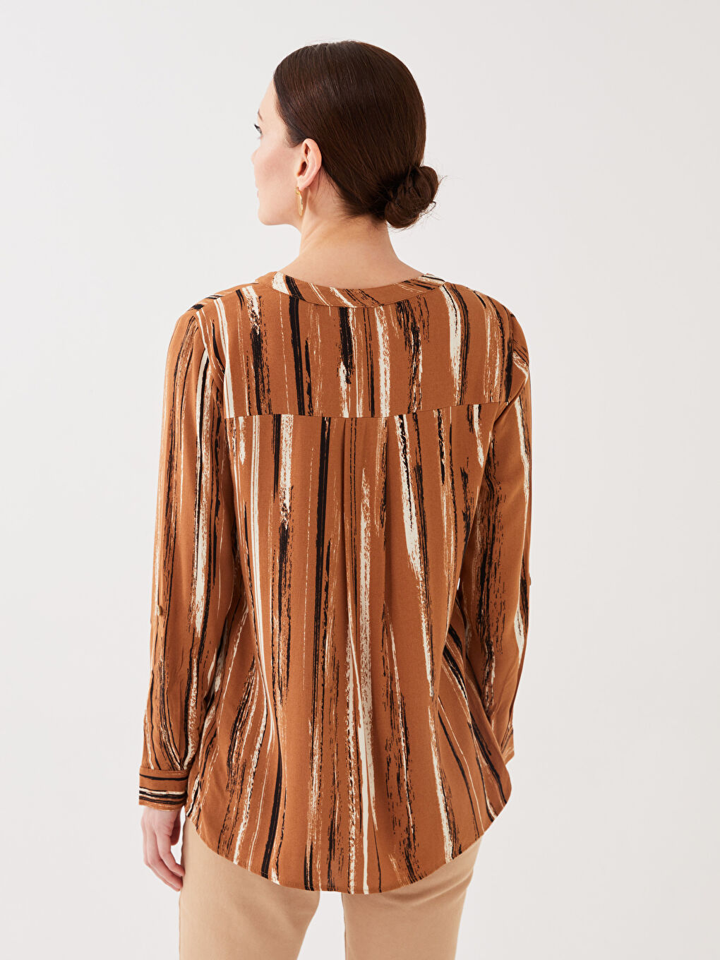 Notch Neck Patterned Long Sleeve Women's Blouse-4