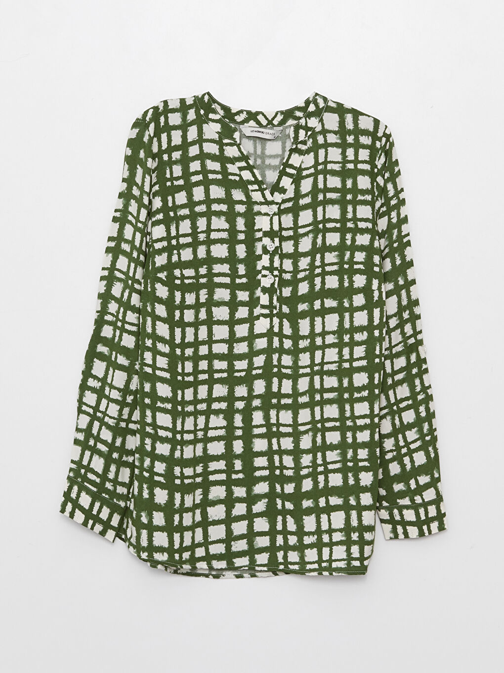 Ekru Kaçık Yaka Desenli Uzun Kollu Kadın Bluz-5