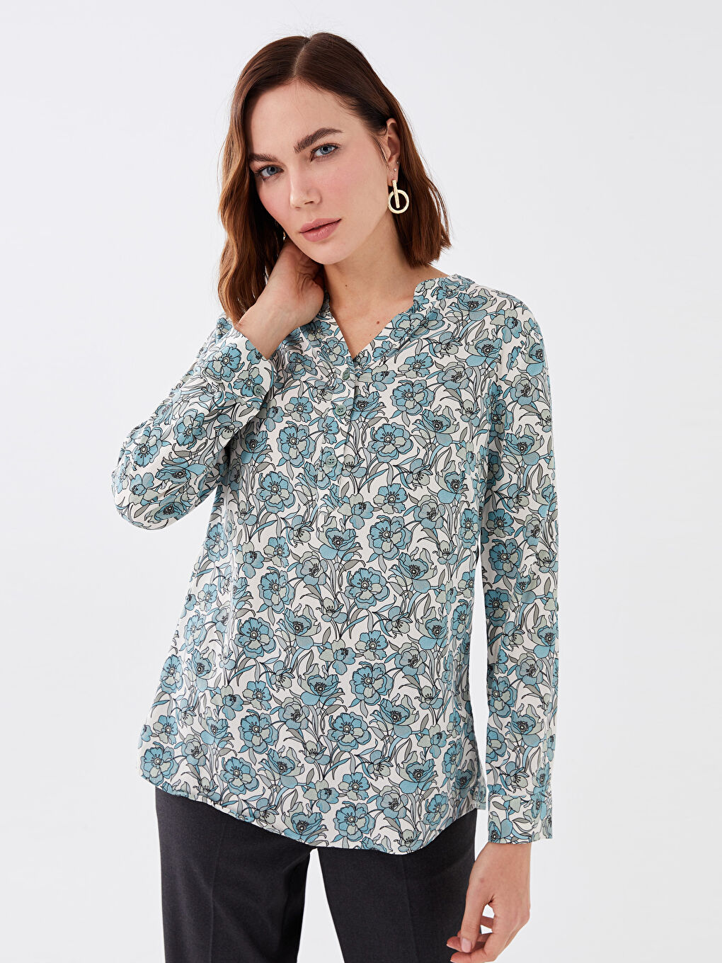 LCW Grace Notch Neck Patterned Long Sleeve Women's Blouse -S36115Z8-LRK