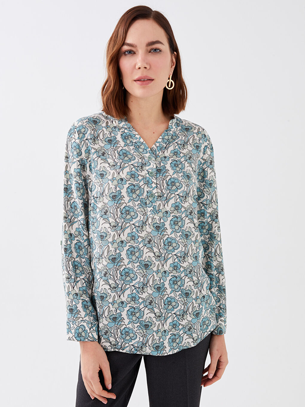 LCW Grace Notch Neck Patterned Long Sleeve Women's Blouse -S36115Z8-LRK