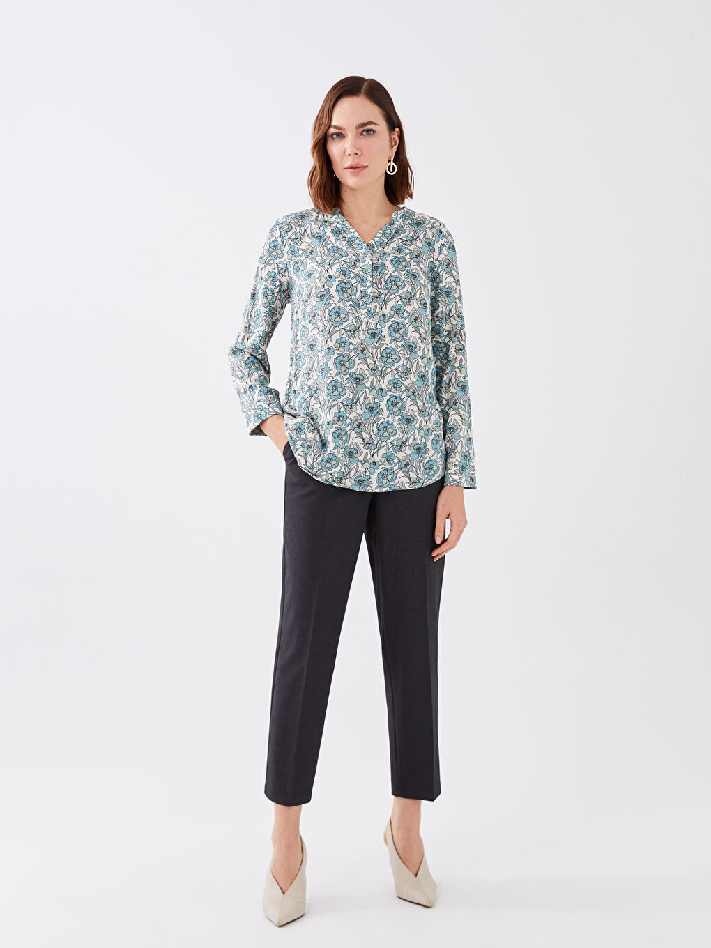 LCW Grace Notch Neck Patterned Long Sleeve Women's Blouse -S36115Z8-LRK
