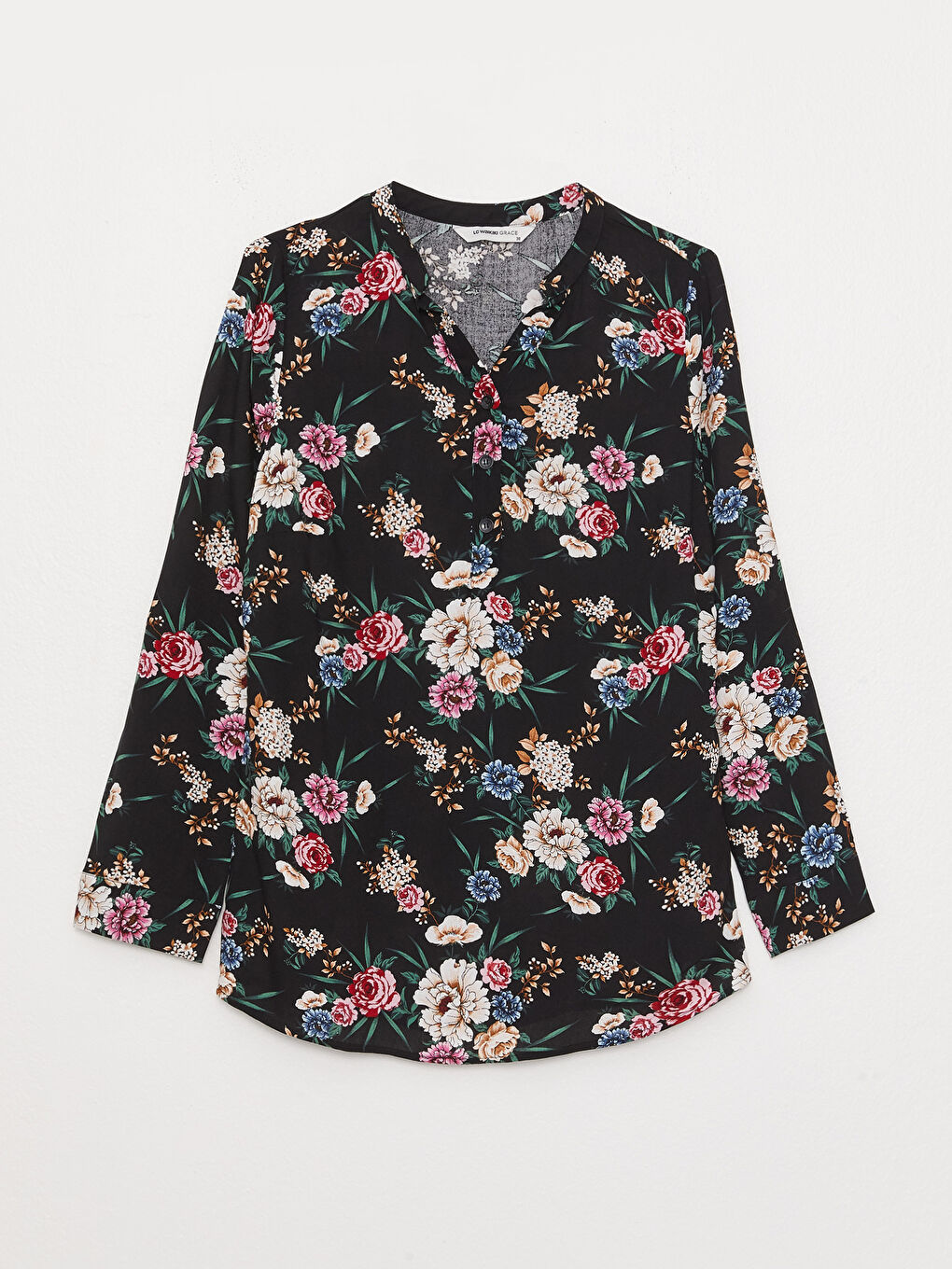 Siyah Kaçık Yaka Desenli Uzun Kollu Kadın Bluz-5