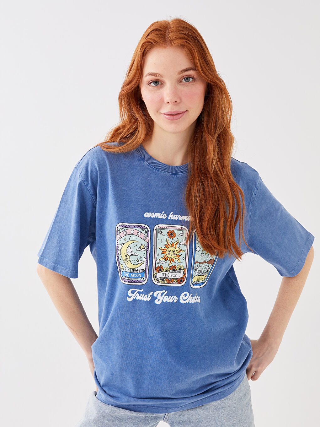 Mavi Bisiklet Yaka Baskılı Kısa Kollu Oversize Kadın Tişört