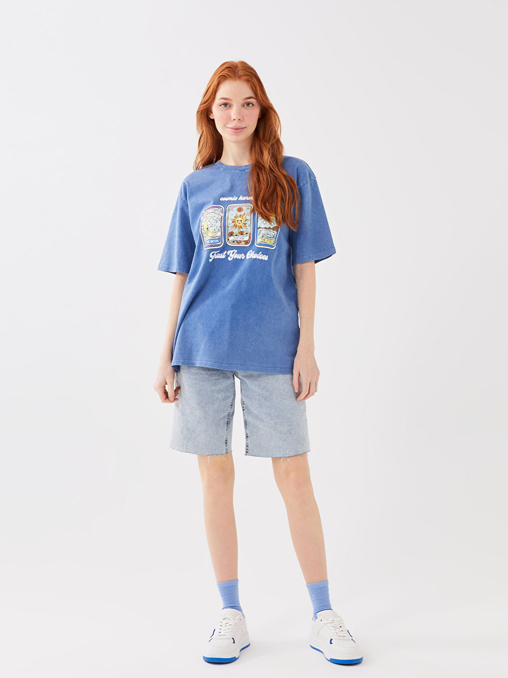 Mavi Bisiklet Yaka Baskılı Kısa Kollu Oversize Kadın Tişört-2