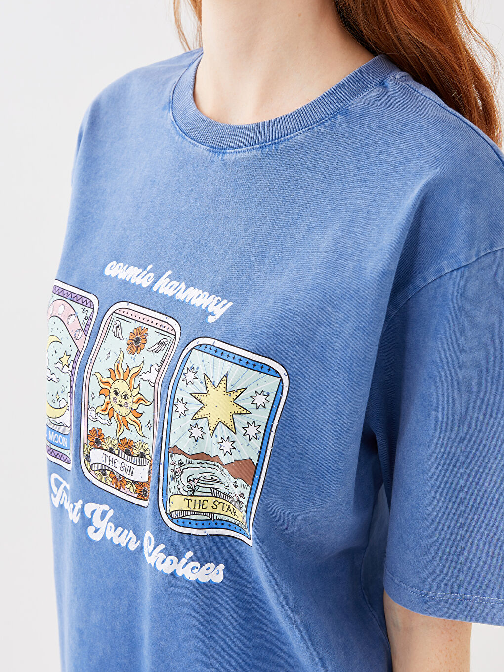 Mavi Bisiklet Yaka Baskılı Kısa Kollu Oversize Kadın Tişört-3