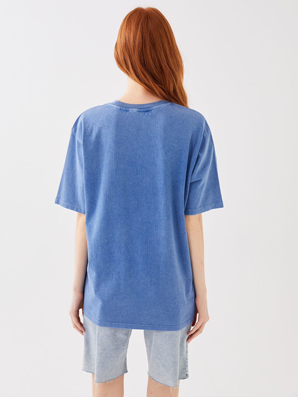 Mavi Bisiklet Yaka Baskılı Kısa Kollu Oversize Kadın Tişört-4