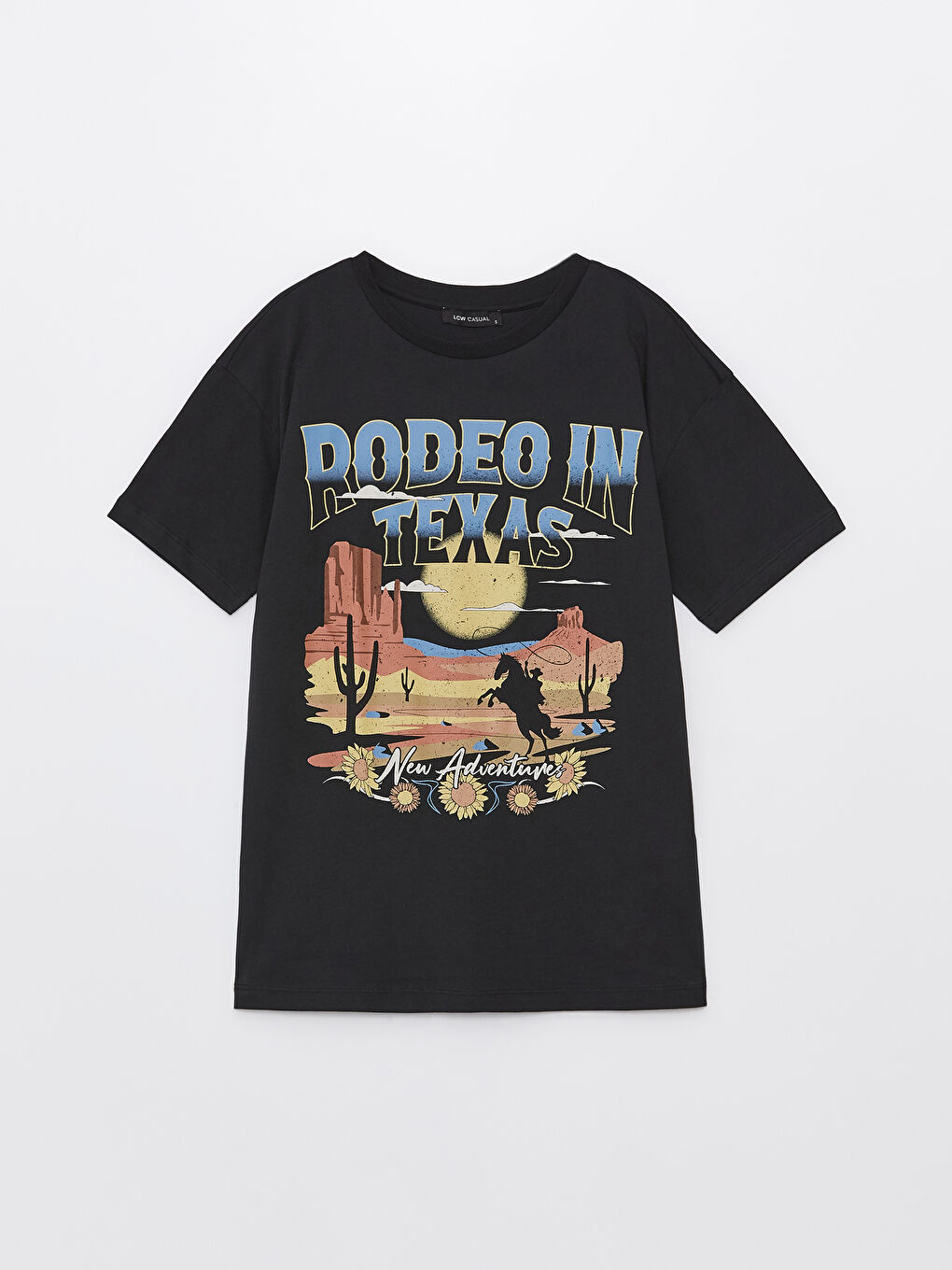 Siyah Bisiklet Yaka Baskılı Kısa Kollu Kadın Tişört-5