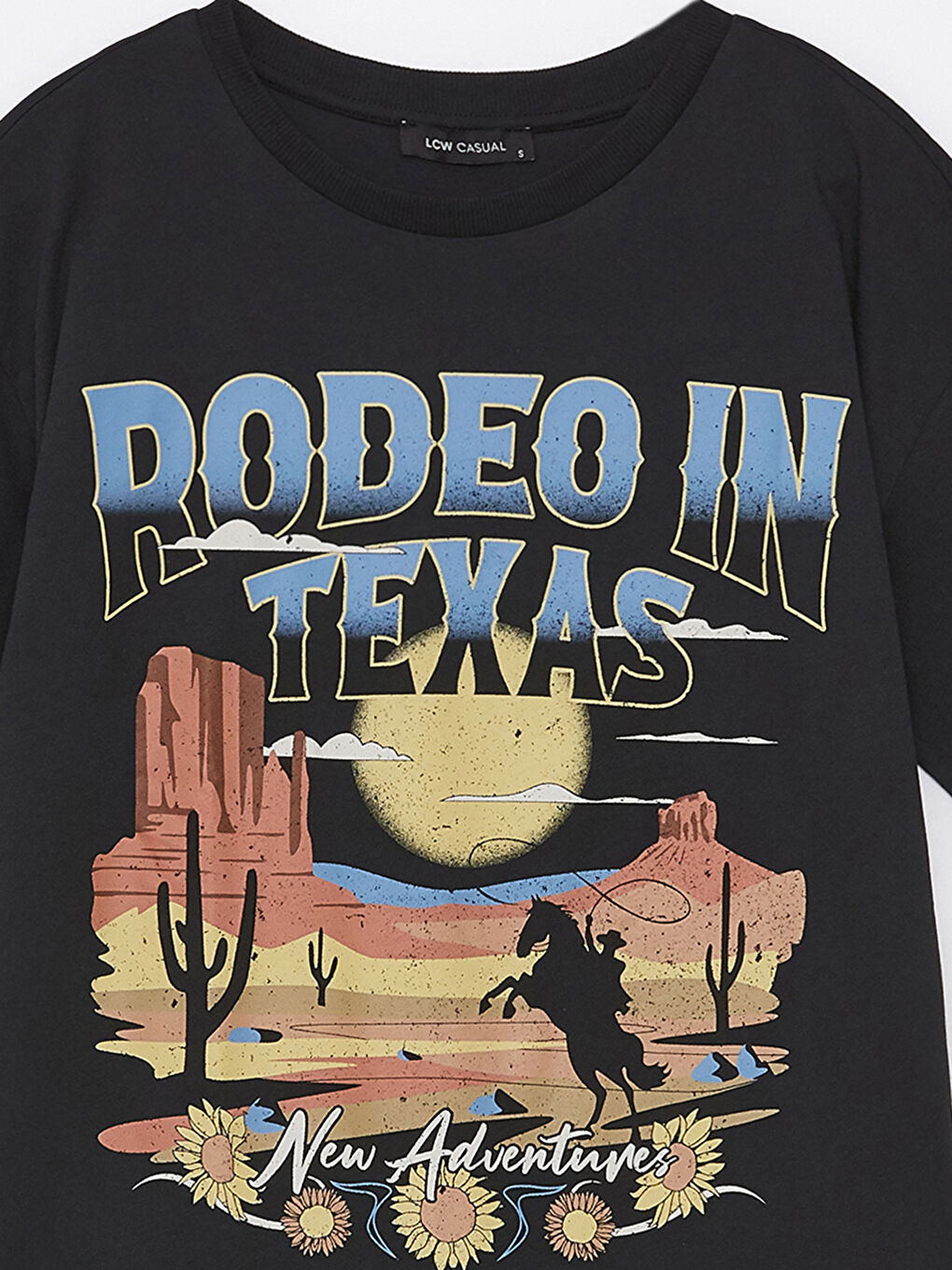 Siyah Bisiklet Yaka Baskılı Kısa Kollu Kadın Tişört-6