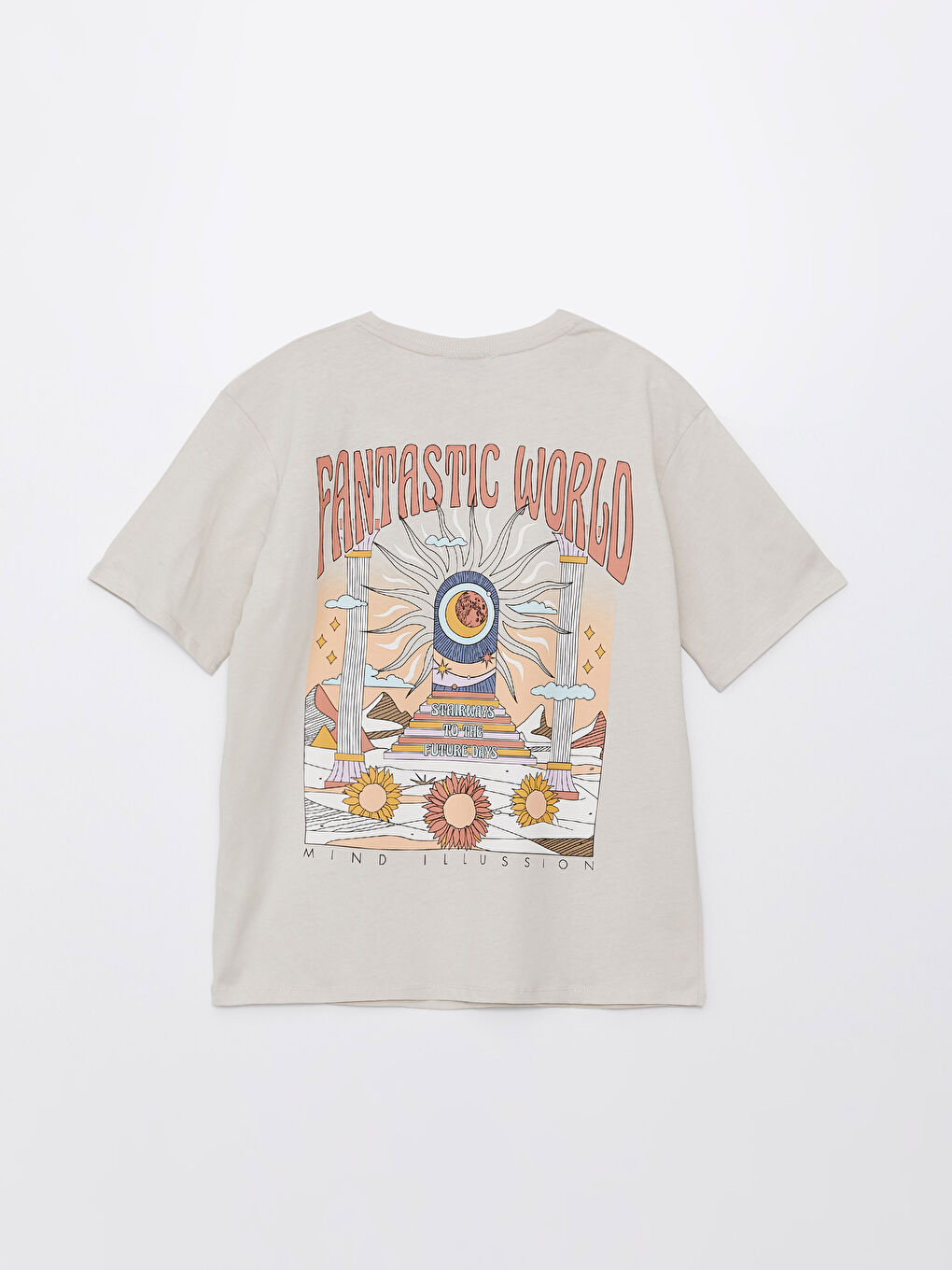 Gri Bisiklet Yaka Baskılı Kısa Kollu Kadın Tişört-6