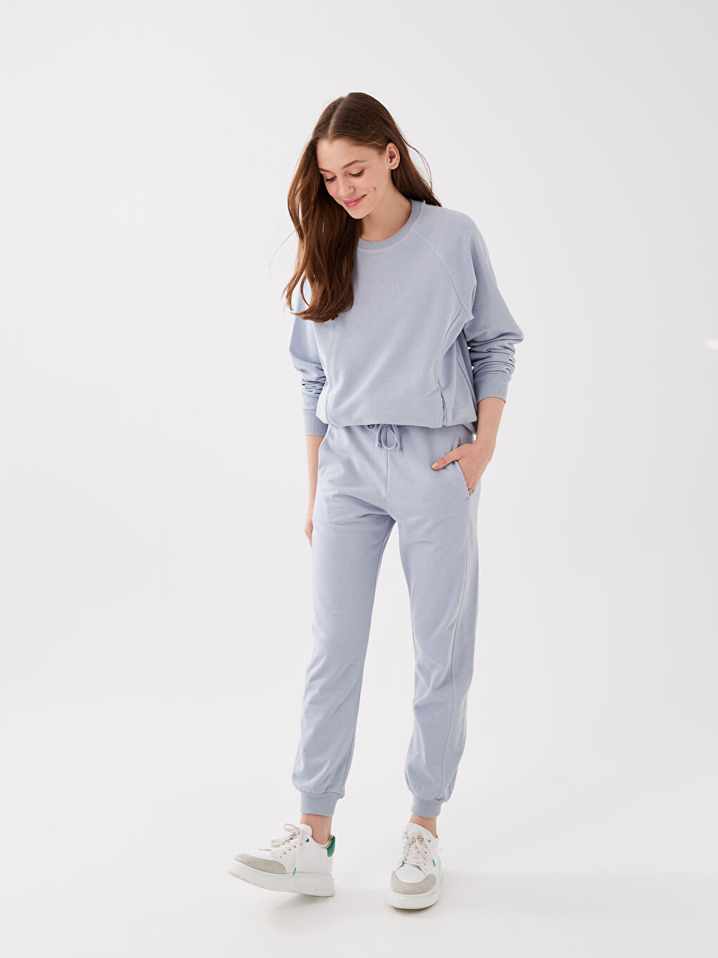 Mavi Kadın Beli Lastikli Düz Eşofman Altı