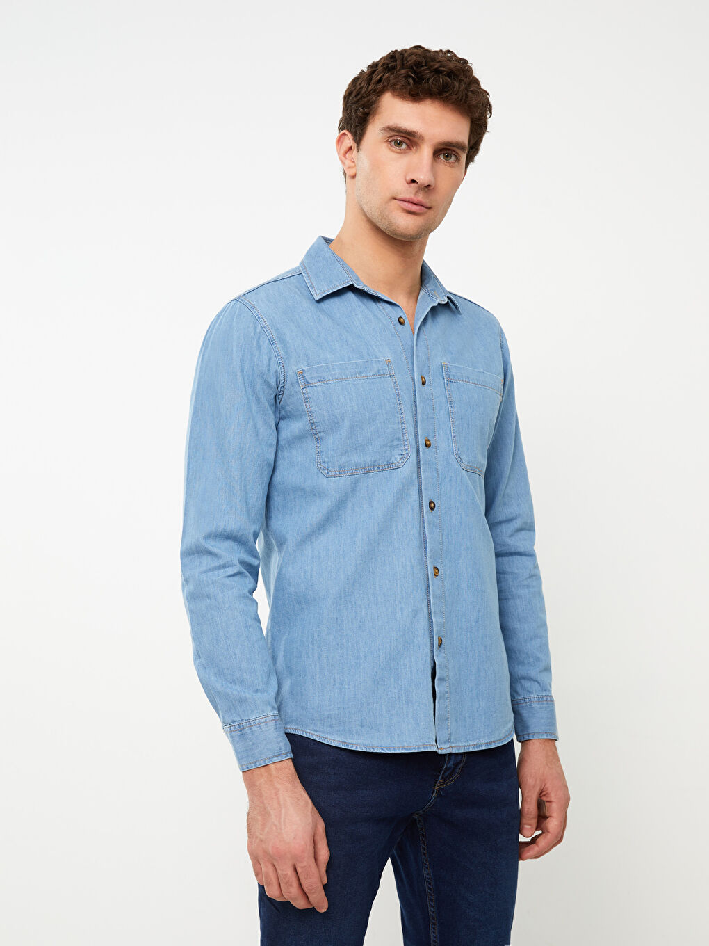 Slim Fit Long Sleeve Men's Denim Shirt