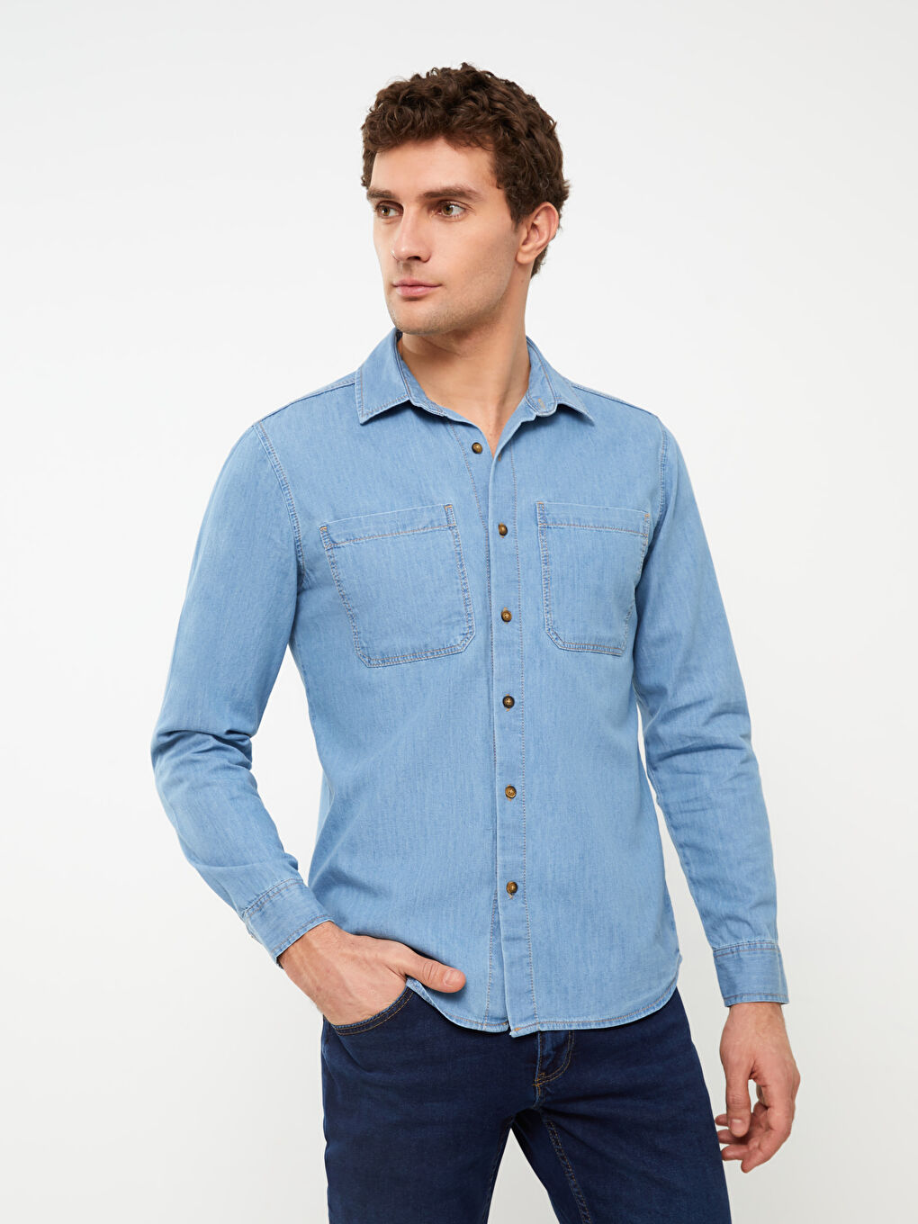 Slim Fit Long Sleeve Men's Denim Shirt-1