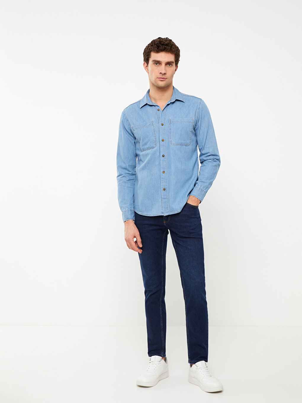 Slim Fit Long Sleeve Men's Denim Shirt-2