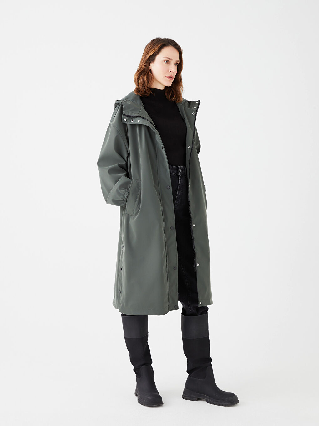 Women's Raincoat with Hooded Reflector Printed Long Sleeve