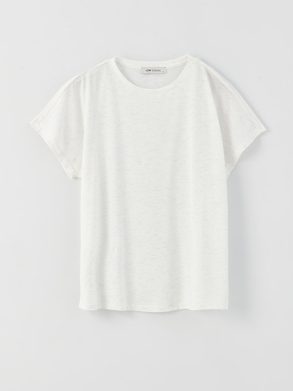 Ekru Bisiklet Yaka Kendinden Desenli Kısa Kollu Kadın Tişört-5