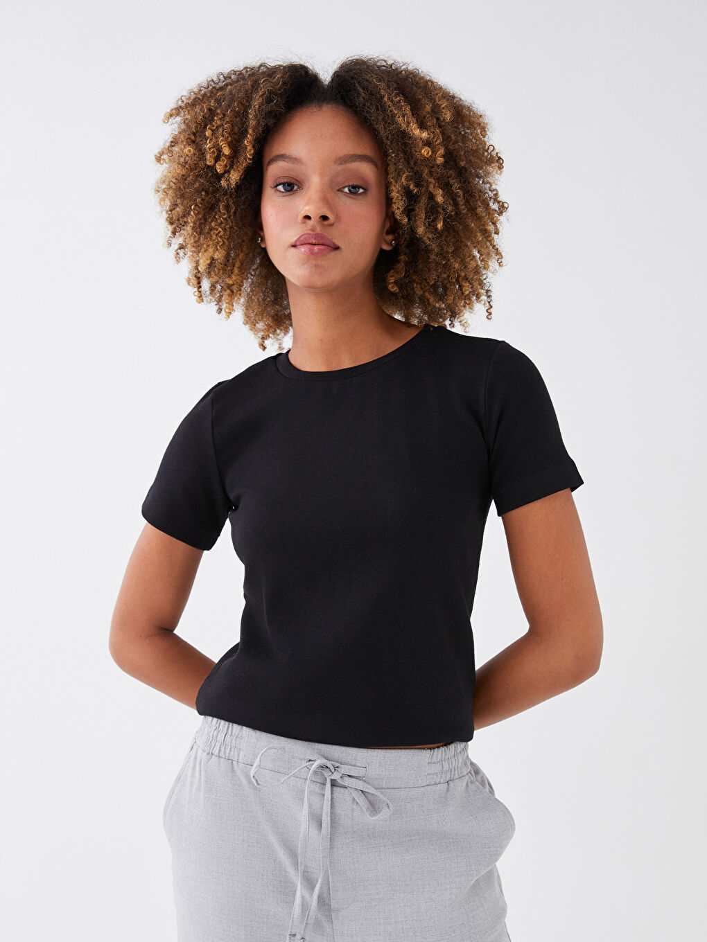 Crew Neck Plain Short Sleeve Women's T-Shirt-2
