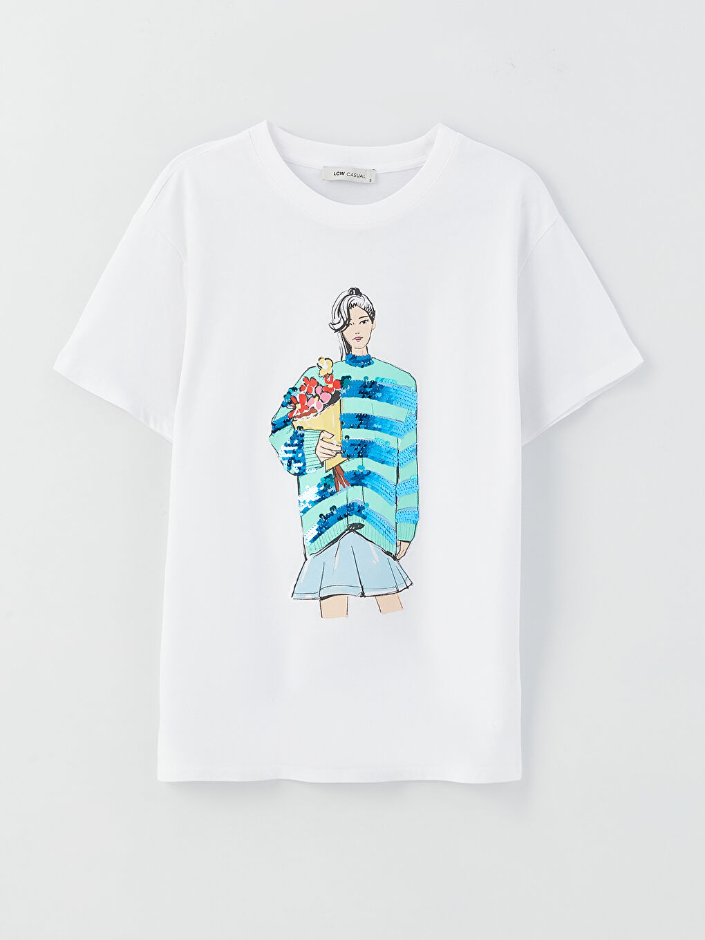 Beyaz Kadın Bisiklet Yaka Baskılı Tişört-5