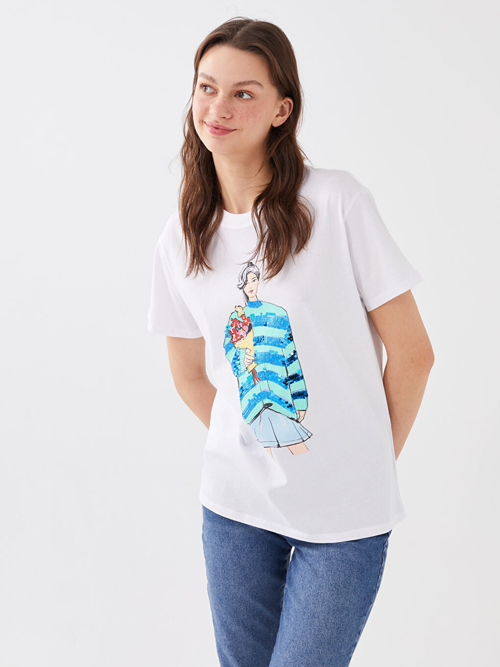 Beyaz Kadın Bisiklet Yaka Baskılı Tişört-1