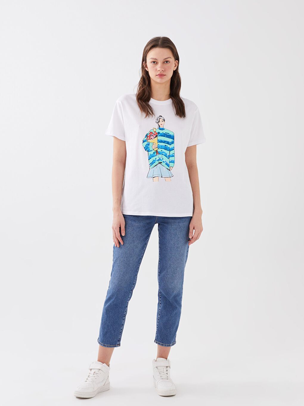 Beyaz Kadın Bisiklet Yaka Baskılı Tişört-2