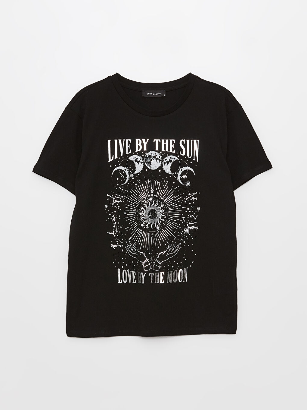 Siyah Bisiklet Yaka Baskılı Kadın Tişört-5