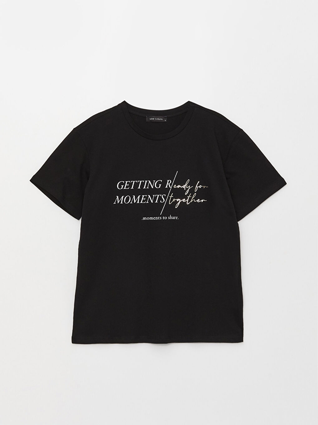 Siyah Bisiklet Yaka Baskılı Kısa Kollu Kadın Tişört-5