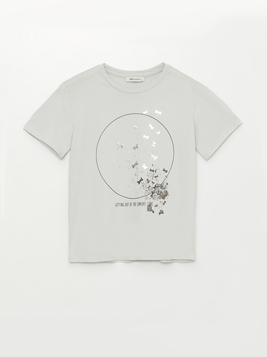 Gri Kadın Bisiklet Yaka Baskılı Kısa Kollu Tişört-5