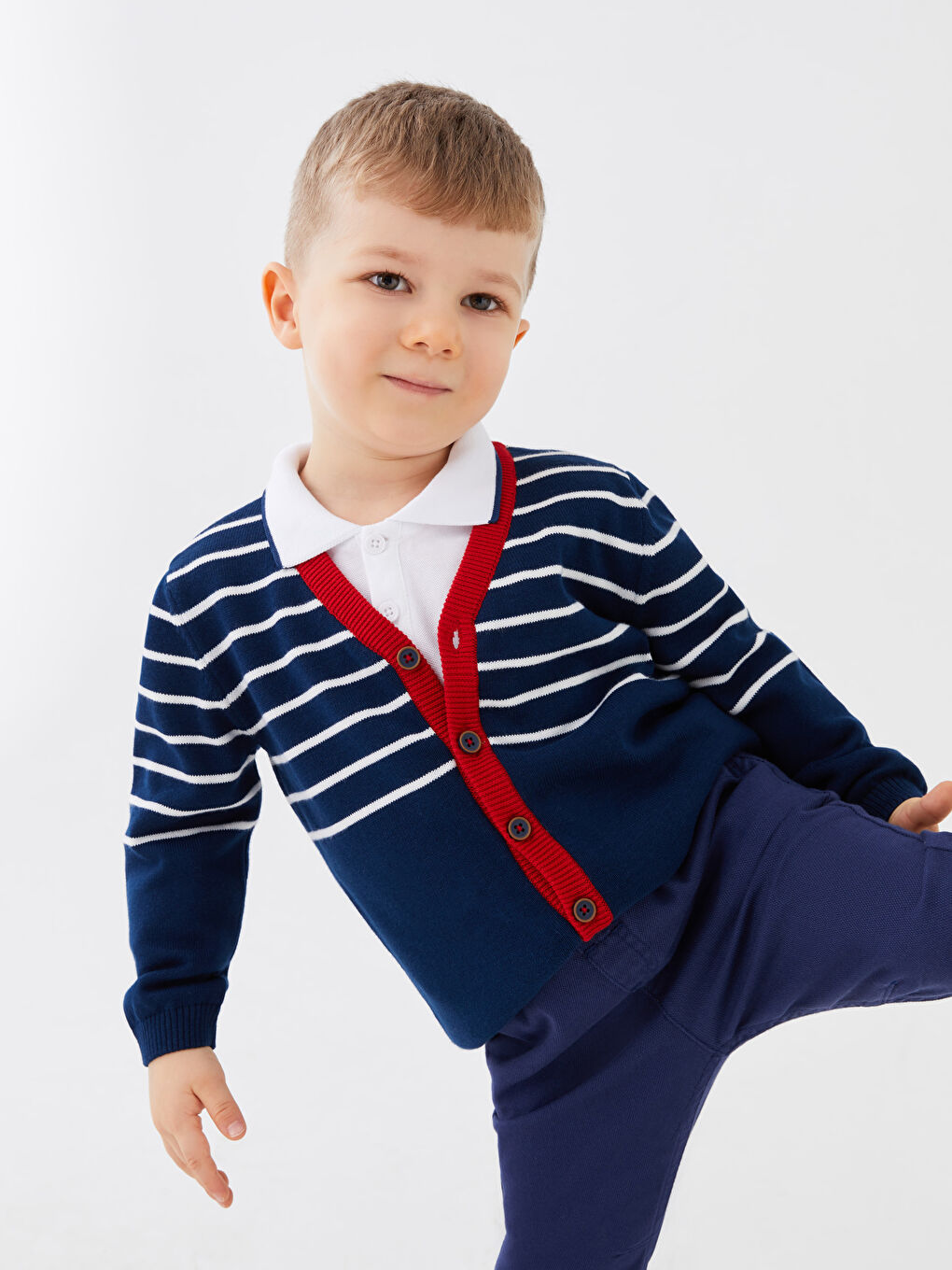 Lacivert V Yaka Uzun Kollu Çizgili Erkek Bebek Triko Hırka-1