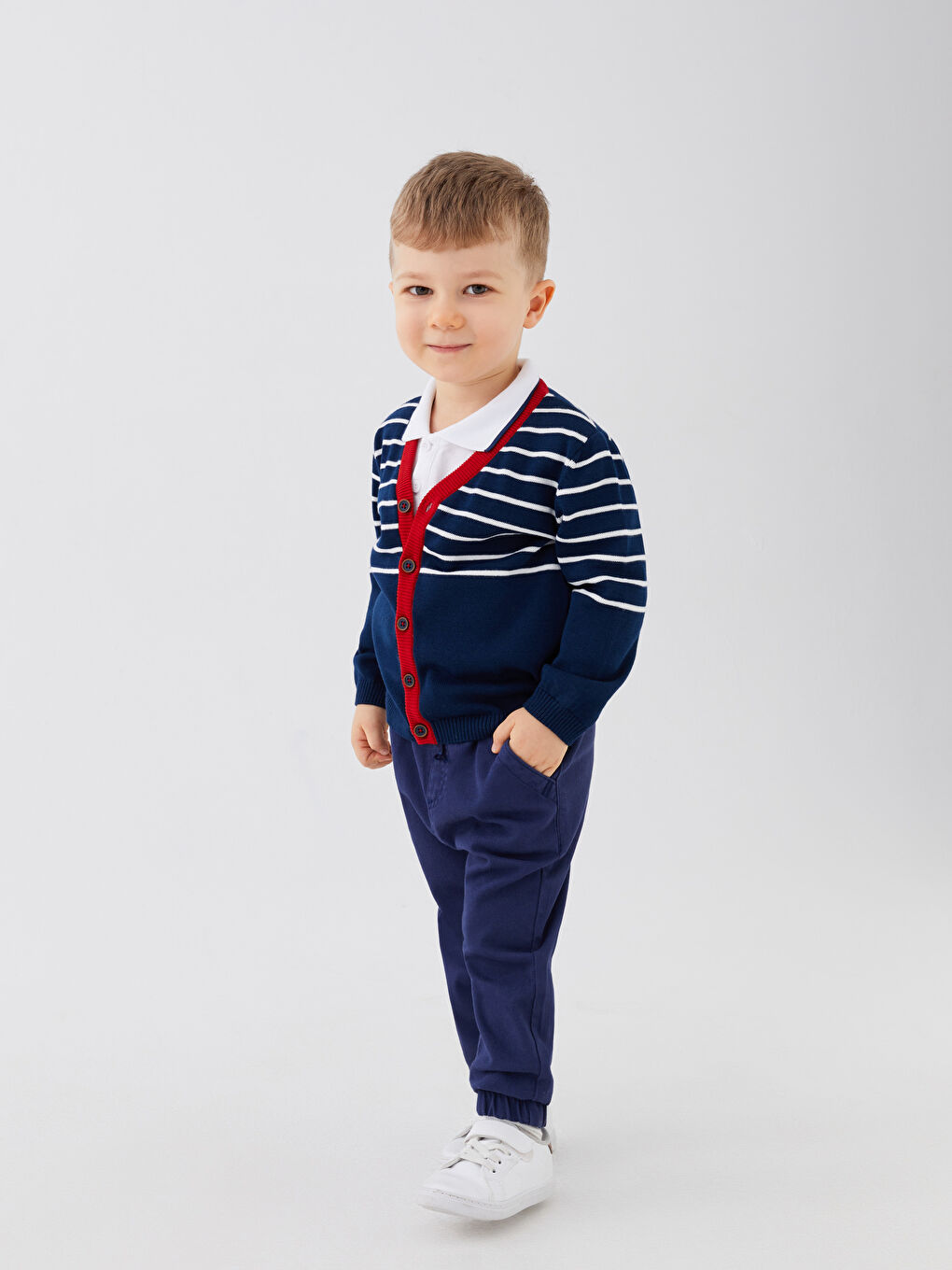 Lacivert V Yaka Uzun Kollu Çizgili Erkek Bebek Triko Hırka-2