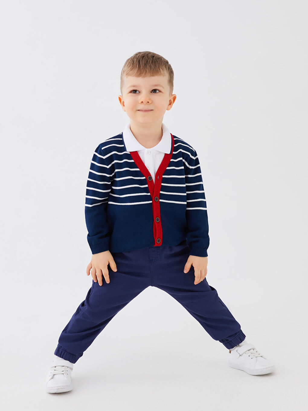 Lacivert V Yaka Uzun Kollu Çizgili Erkek Bebek Triko Hırka-3