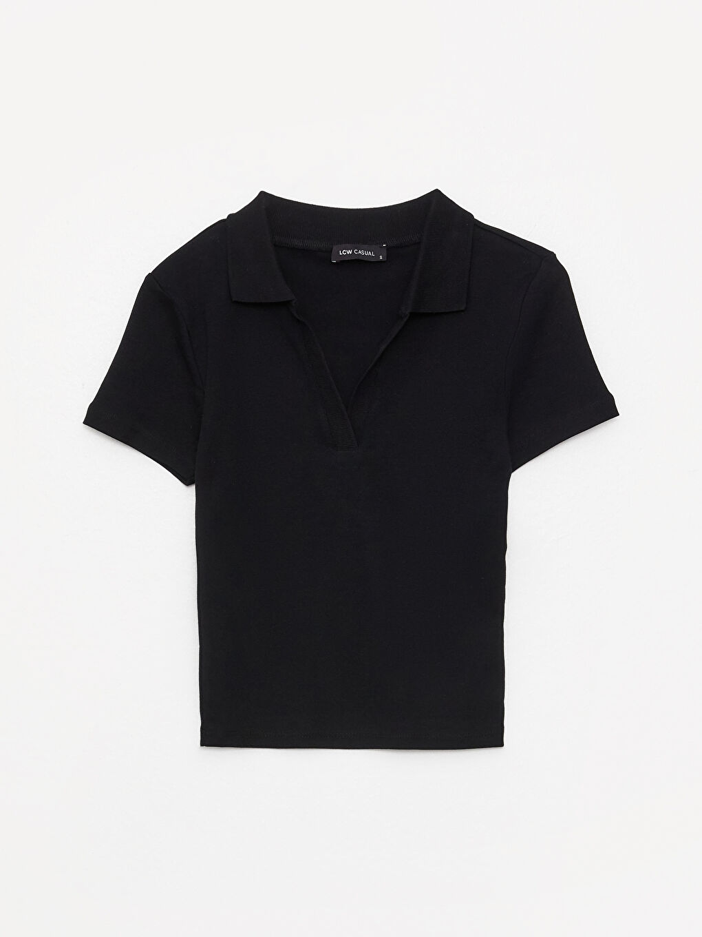 Siyah Polo Yaka Düz Kısa Kollu Kadın Tişört-5