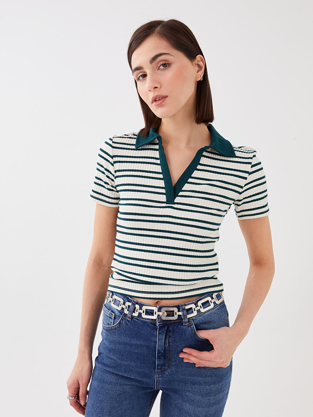 Polo Neck Striped Short Sleeve Women's T-Shirt-1