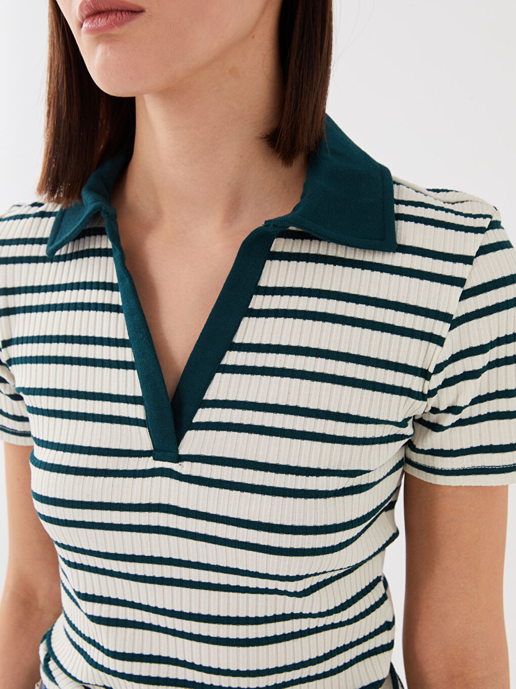 Polo Neck Striped Short Sleeve Women's T-Shirt-2