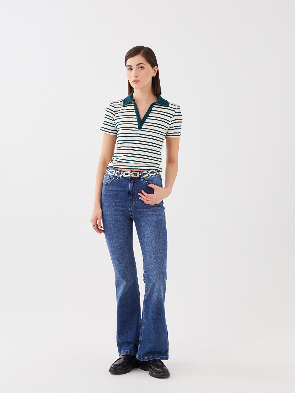 Polo Neck Striped Short Sleeve Women's T-Shirt-3