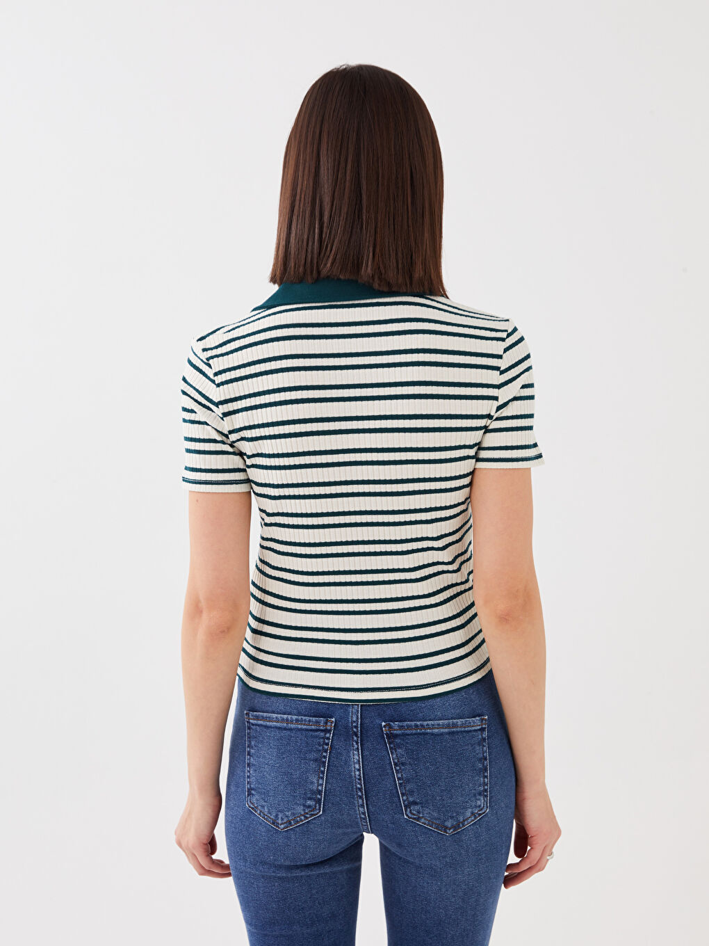 Polo Neck Striped Short Sleeve Women's T-Shirt-4