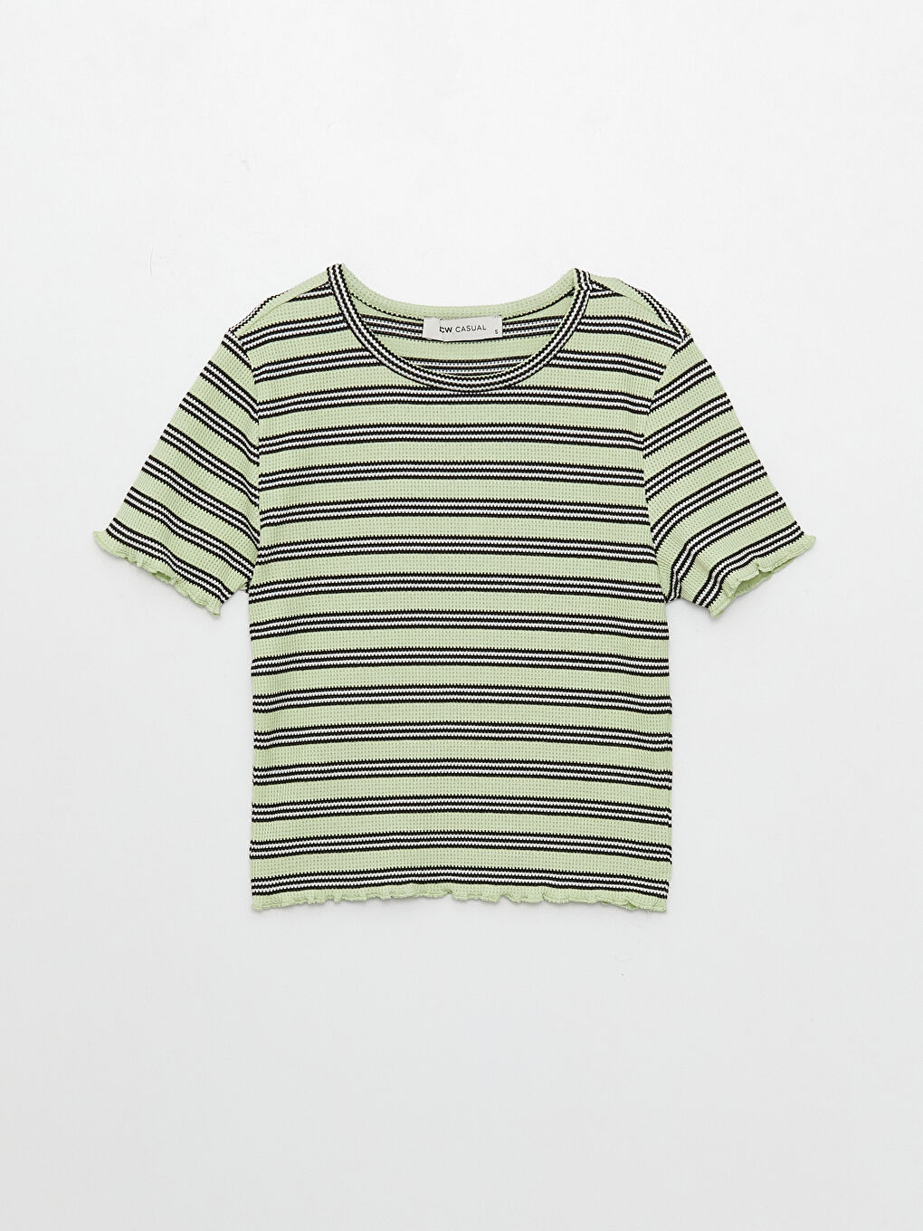Yeşil Bisiklet Yaka Çizgili Kısa Kollu Kadın Tişört-5